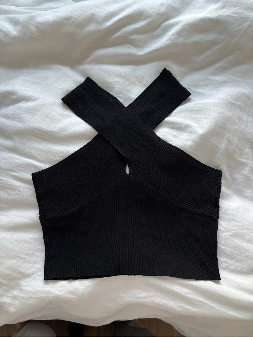 Black Ribbed Cross-Front Crop Top